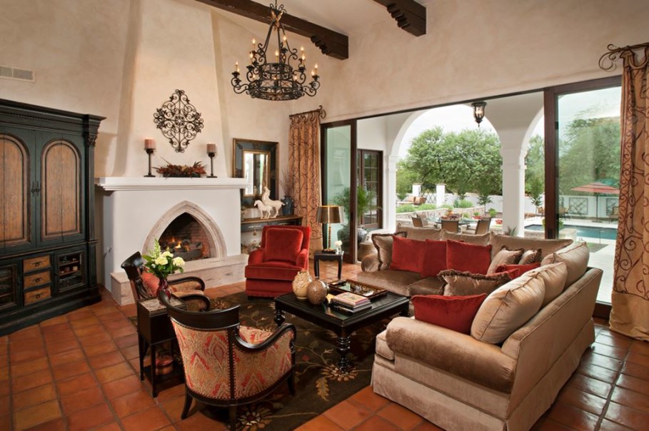 Mediterranean-Style living room design - If you are unable to build up a real fireplace, it is possible to set gas or electric chimney or to use candles