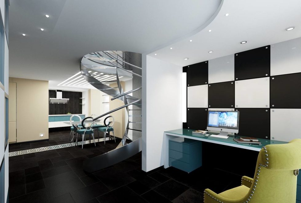 High-Tech Style Living room with spiral staircase