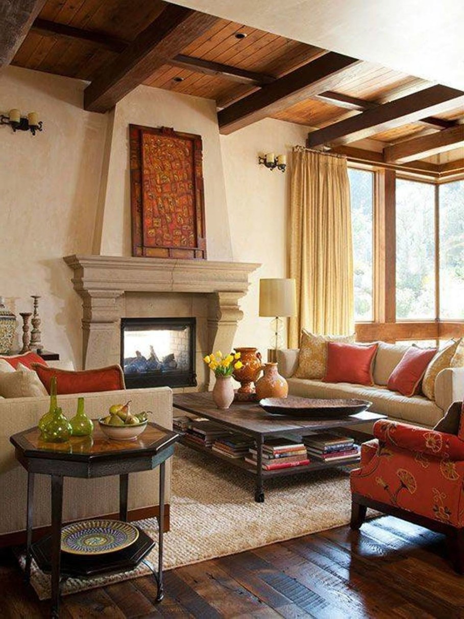 Tuscan living room with fireplace - design ideas