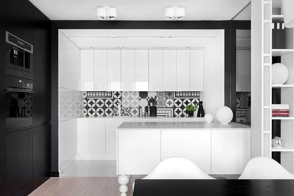 Apartment interior design in black and white colors - The apron is made in black-and-white ornament