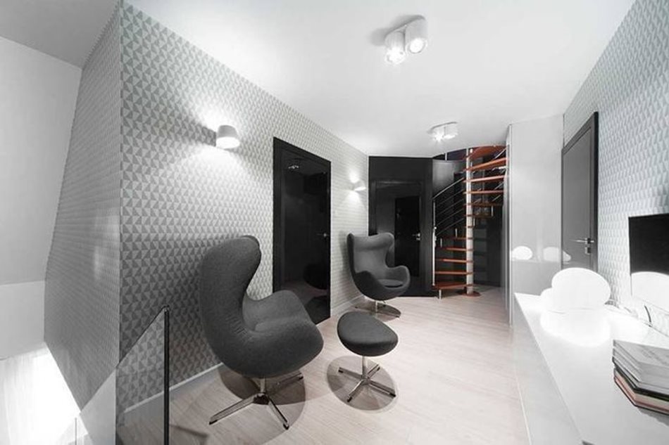 Apartment interior design in black and white colors - Well thought-out lighting increases visually this small space