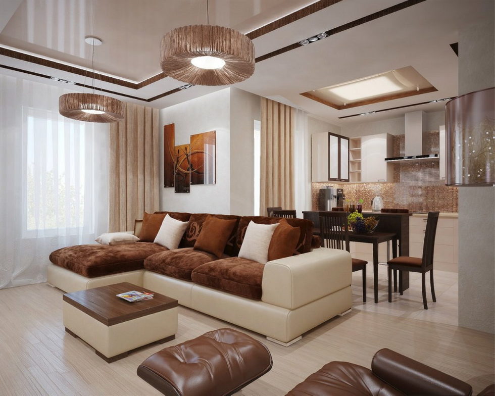 The interior of a living room in brown color features, photos of