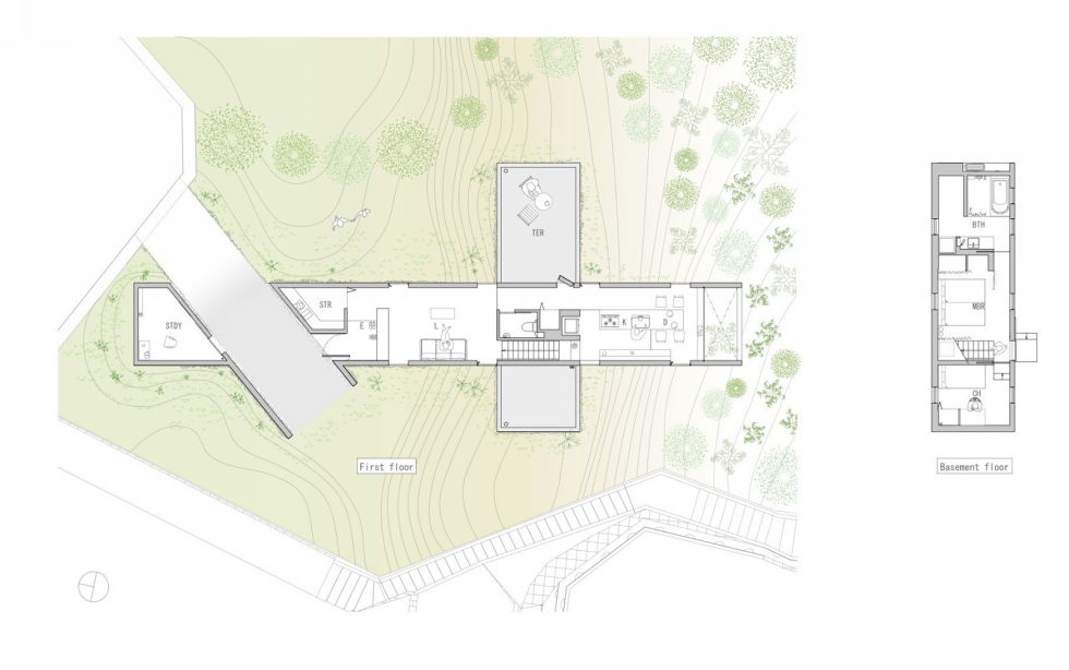 The pendulous over the forest house '+ node' from the UID Architects - Plan 1