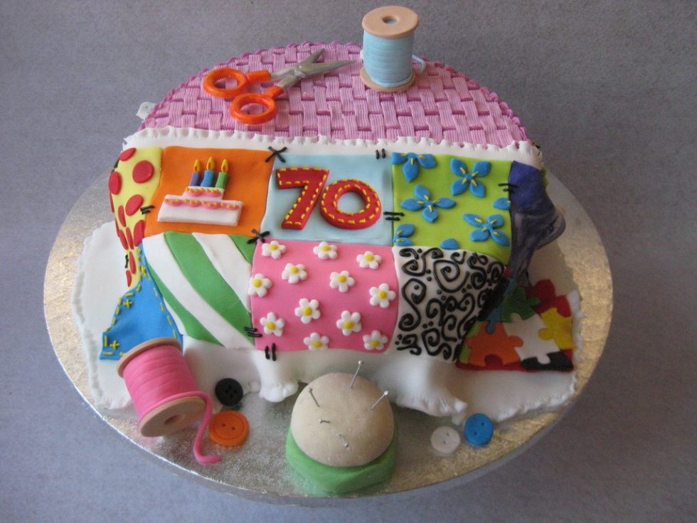 70th Birthday Decorations Ideas Cake Sewing Basket with Patchwork