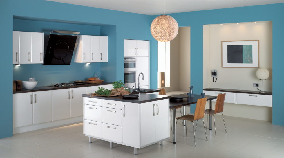 Beige and blue color kitchen design