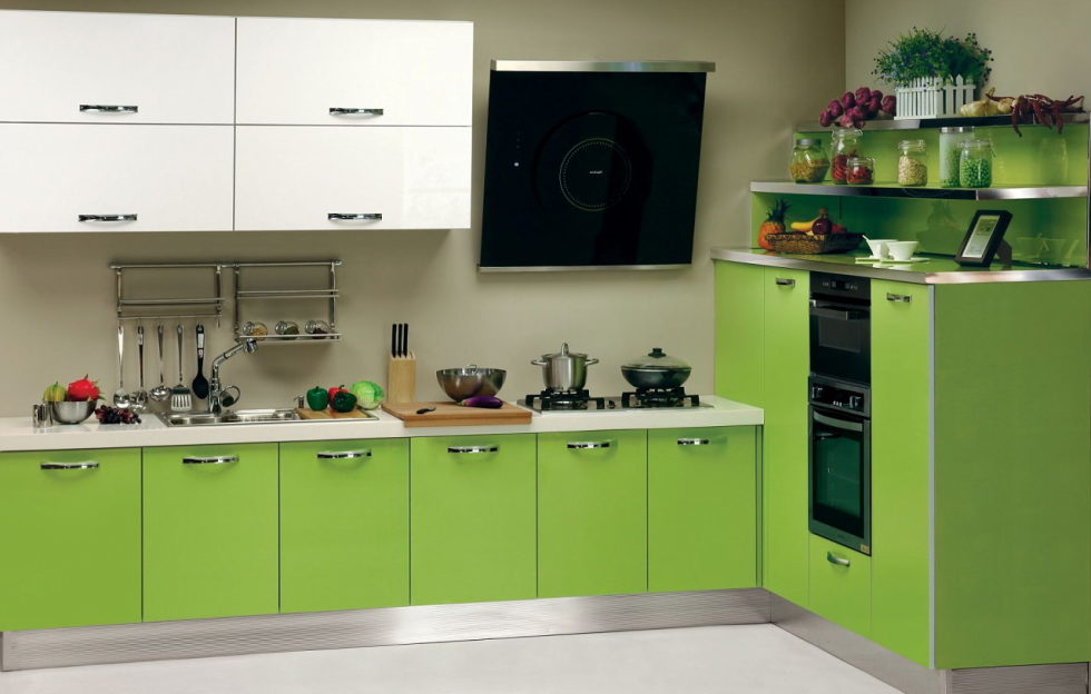The white-green color in the interior – green and white kitchen storages