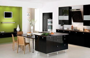 black, white and green colors in the kitchen interior