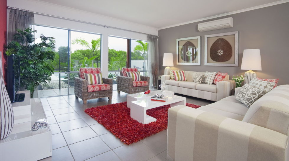 red and grey colors living room interior