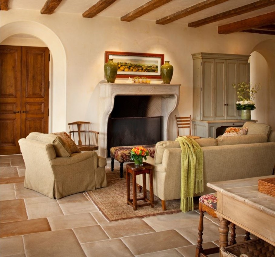 Mediterranean-Style living room design - The floor is tiled with ceramics
