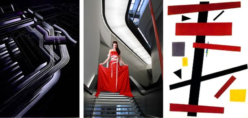 Suprematism in three movements art, fashion and architecture.