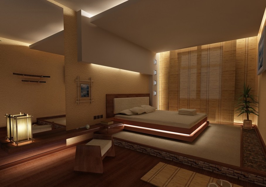 Bedroom in Japanese style - only natural materials and furniture