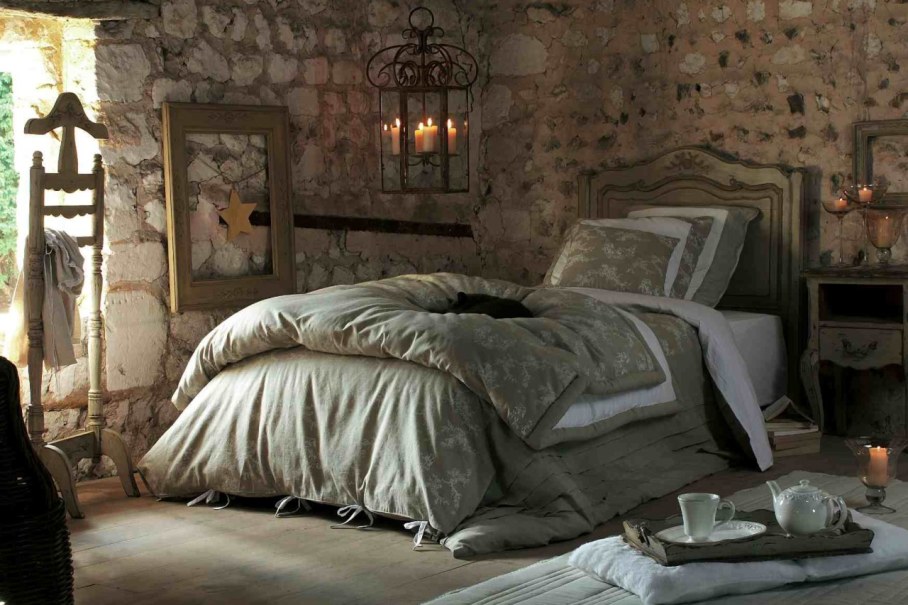 Provence style bedroom - walls are slightly plastered