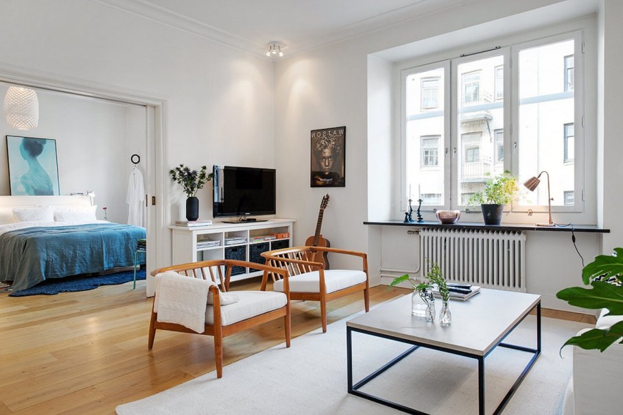 Scandinavian style interior design - living room and bedroom