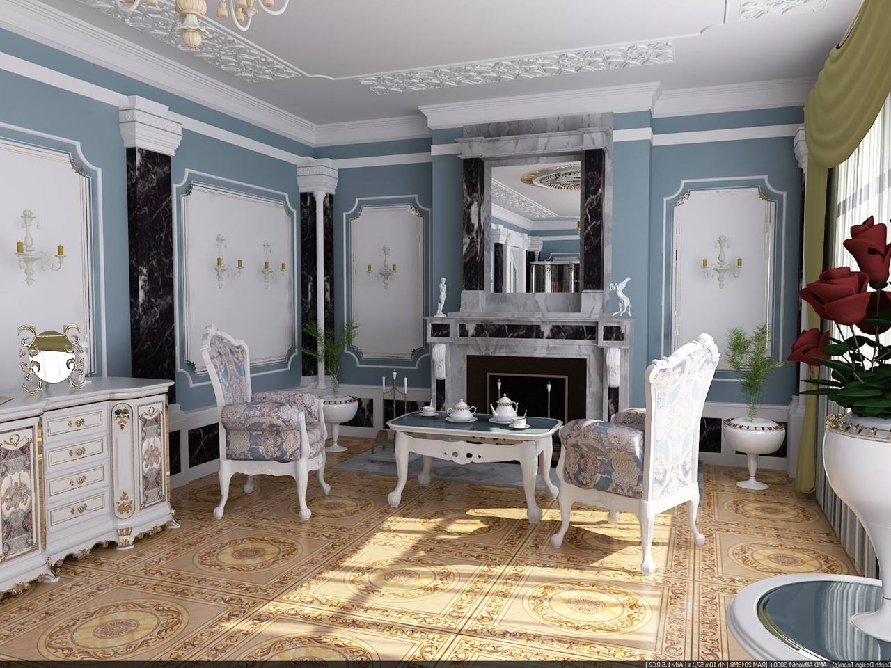 The Rococo Style Living Room With Fireplace 