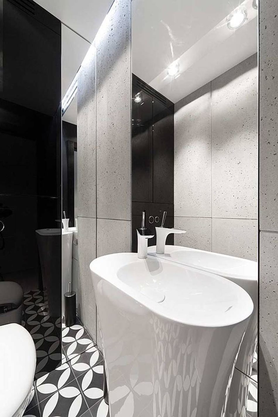 Apartment interior design in black and white colors - In a small bathroom, the space is enlarged with the help of mirrors and reflecting
