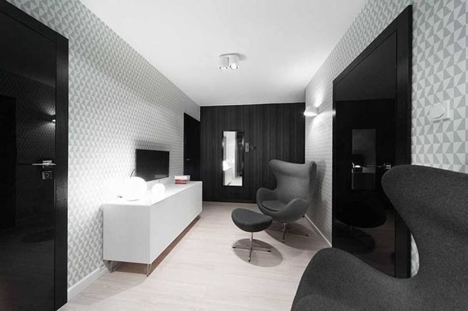 Apartment interior design in black and white colors - In a small cabinet, the designers refused using glaring whiteness and added black colors with light grey