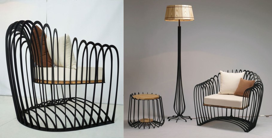 Wave Collection Carcass Furniture from Jihye Choi - armchair, a small table and a lamp