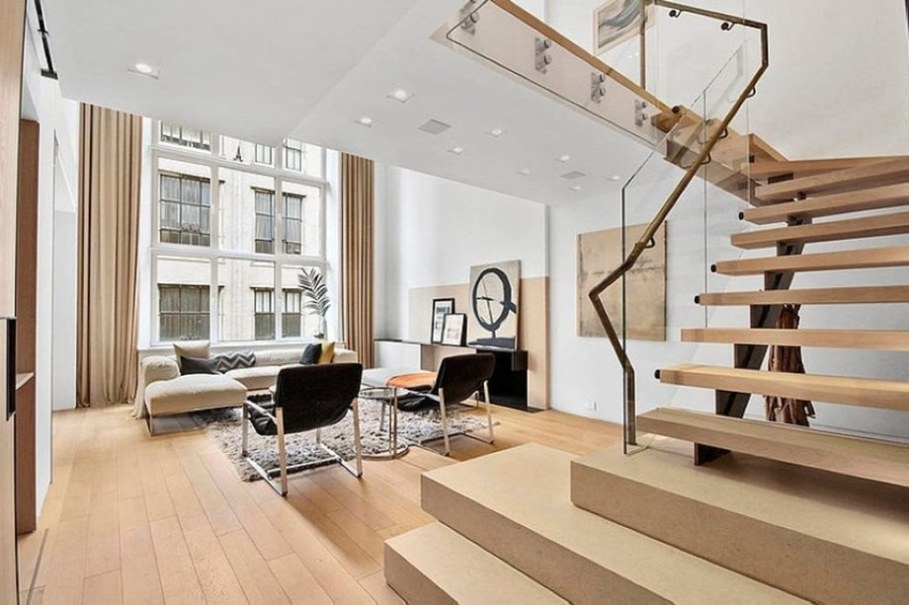 Modern duplex apartment in New York - living room and  staircase to the second floor