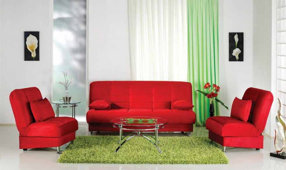 Premium AI Image  Interior of modern living room with sideboard over green  wall Contemporary room with dresser and red armchair Home design with  curtain 3d rendering